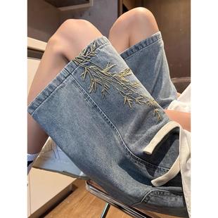 情侣五分裤 男夏季 子 国风竹子刺绣牛仔短裤 上班干活耐穿耐磨新中式