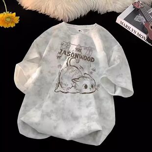 宽松大版 美式 2026新款 t恤女夏季 上衣设计感小众体恤 白色扎染短袖