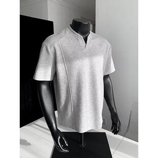 cleanfit正肩V领灰色短袖t恤男夏季美式重磅潮牌半袖宽松休闲上衣