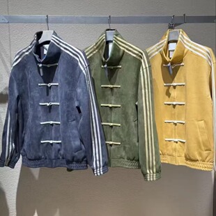 新中式盘扣唐装三条纹织带立领麂皮绒男女休闲宽松夹克长袖外套潮
