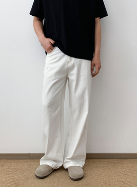 NSEEKE美式春夏白色辑明线牛仔裤男款新款宽松阔腿纯棉直筒长裤子