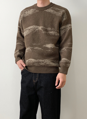 NSEEKE美式复古针织山脉纹理创意套头毛衣男春秋季宽松圆领毛线衣