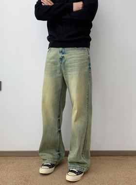 NSEEKE美式复古做旧黄泥染阔腿牛仔裤男款vibe潮牌长裤子春夏新款