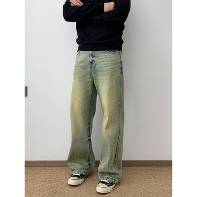 NSEEKE复古黄泥染阔腿牛仔裤男