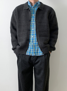 NSEEKE慵懒风翻领开衫毛衣男士春秋新款高级感针织衫复古宽松外套