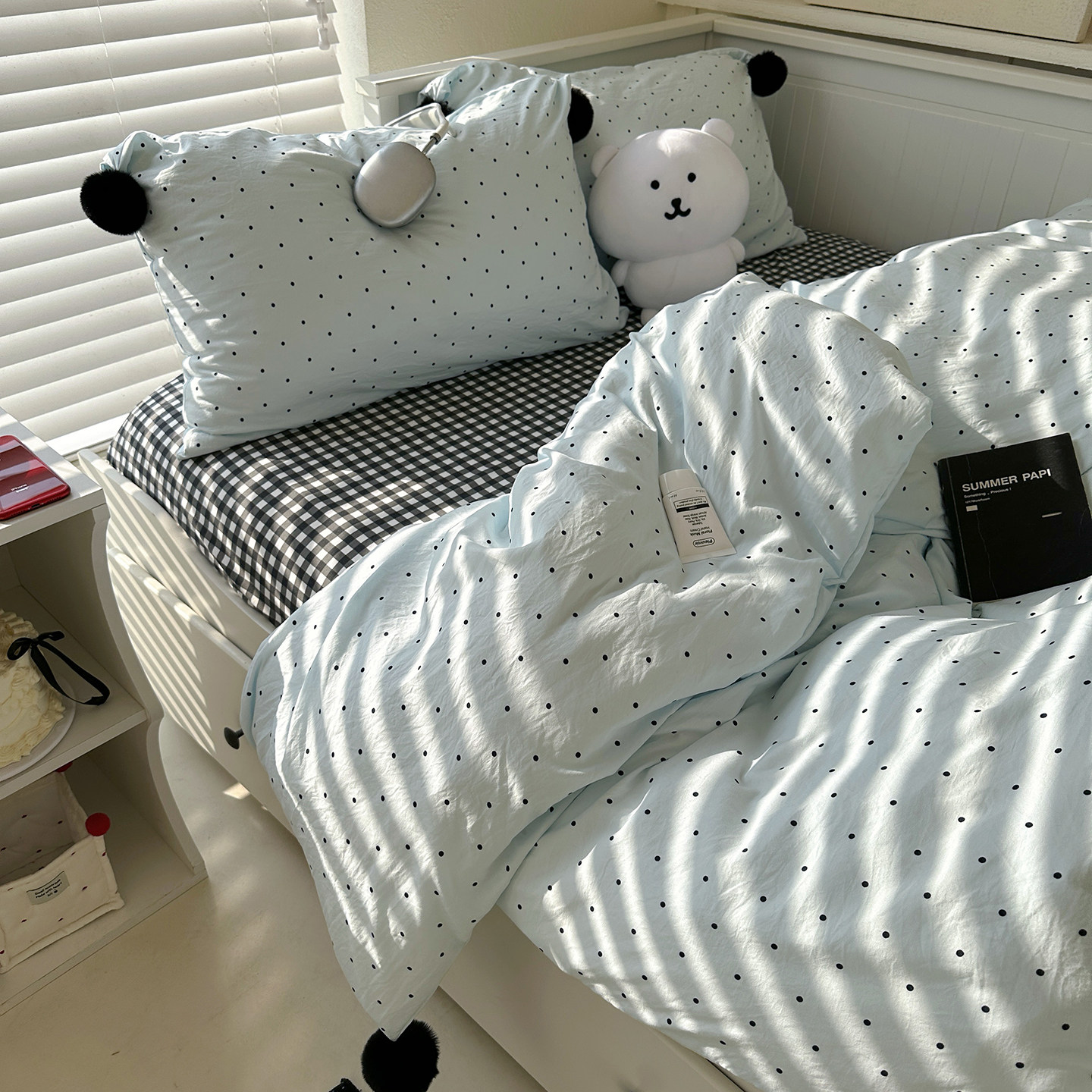 蓝波点 毛球球款四件套宿舍三件套简约高级韩系博主风ins风清新