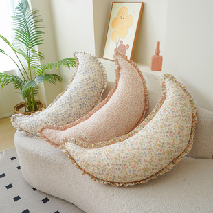 棉麻花边多功能全棉纯色月亮长条抱枕芯夹腿单枕套皮枕头清新碎花