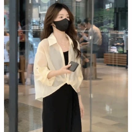 休闲防晒薄款长袖衬衫女2024夏季新款显瘦吊带连衣裙气质百搭上衣