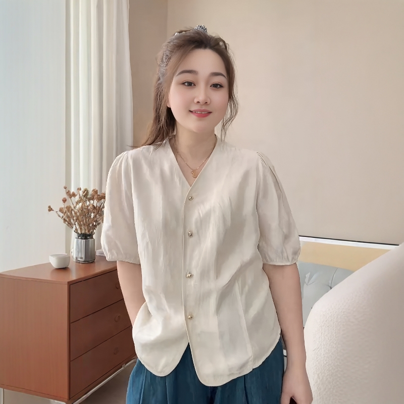 大码法式V领短袖衬衫女上