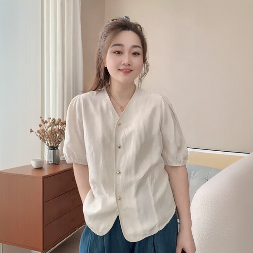 大码法式V领短袖衬衫女上