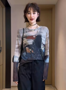 涂鸦卡通艺术网纱长袖t恤女2026新款美式复古扎染百搭防晒衫上衣