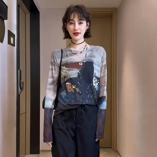 复古扎染百搭防晒衫 美式 上衣 t恤女2025新款 涂鸦卡通艺术网纱长袖