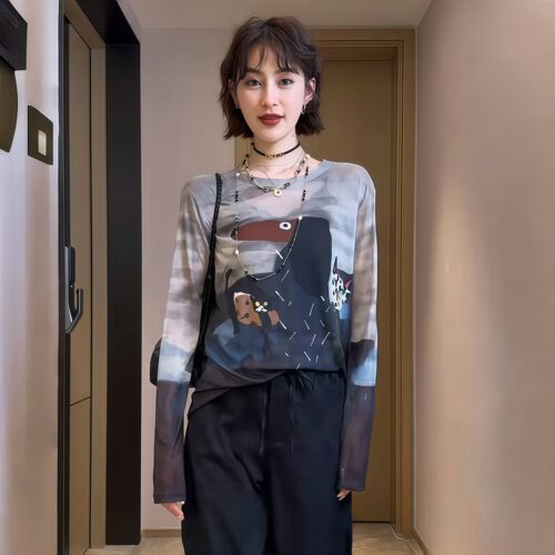 涂鸦卡通艺术网纱长袖t恤