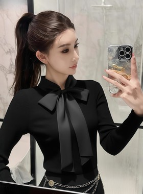 黑色立领蝴蝶结系带打底修身针织衫秋冬女新款可外穿内搭针织上衣