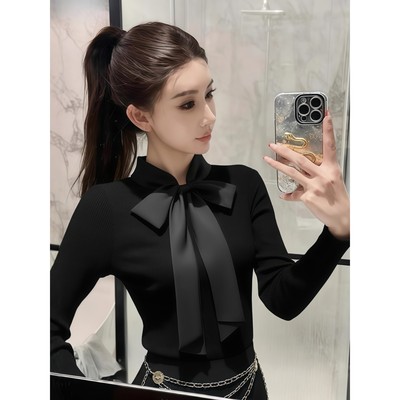 黑色立领蝴蝶结系带打底修身针织衫秋冬女新款可外穿内搭针织上衣