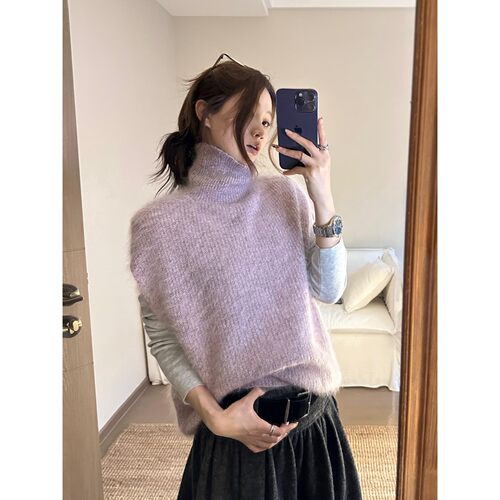 韩系紫色高领针织马甲女秋冬