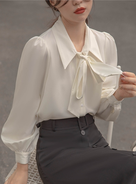灯笼袖春秋蝴蝶结衬衫白色通勤衬衣女法式飘带设计感职业面试上衣