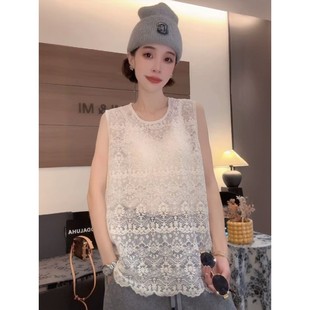 蕾丝背心女洋气小衫 百搭复古钩花镂空无袖 气质外搭上衣潮 时尚 韩版