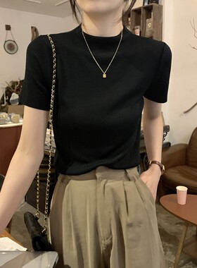 黑色高级感夏季别致漂亮圆领小众正肩冰丝针织短袖t恤女纯欲上衣