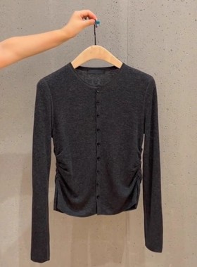 韩系设计感小众别致深灰色上衣女早春高级感长袖内搭打底针织开衫