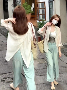 韩版 宽松小众衬衣外搭透气薄外套 女春夏季 设计感后背开叉防晒衬衫