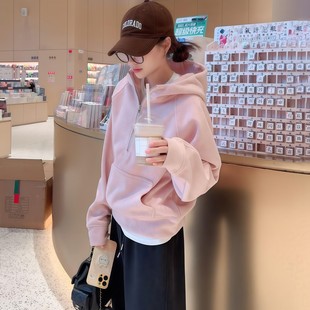 巨好看粉色半拉链连帽卫衣女款加厚2025新款秋冬宽松慵懒帽衫上衣