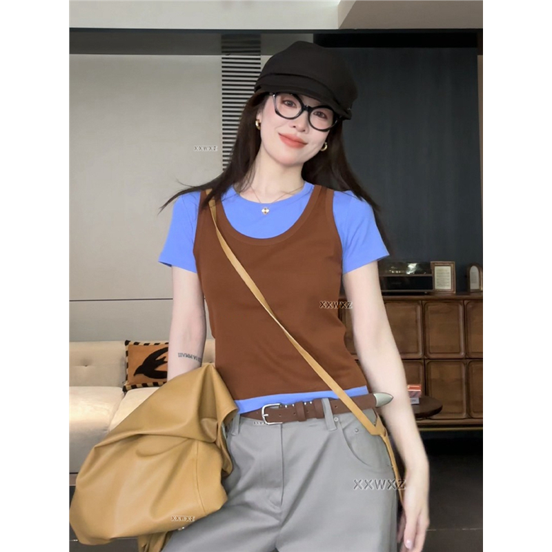韩国东大门夏季新款穿搭思路时尚休闲修身显瘦叠穿真两件T恤背心,女装/女士精品,T恤,淘宝优惠券,粉丝福利购,淘宝优惠卷