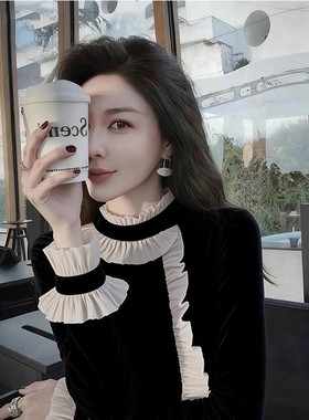 气质名媛黑色半高领荷叶边丝绒衬衫2025秋冬新款时髦洋气轻熟上衣