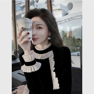 气质名媛黑色半高领荷叶边丝绒衬衫2025秋冬新款时髦洋气轻熟上衣