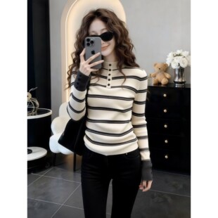 撞色条纹纽扣半开衫高领修身长袖针织衫毛衣女冬季内搭打底衫上衣