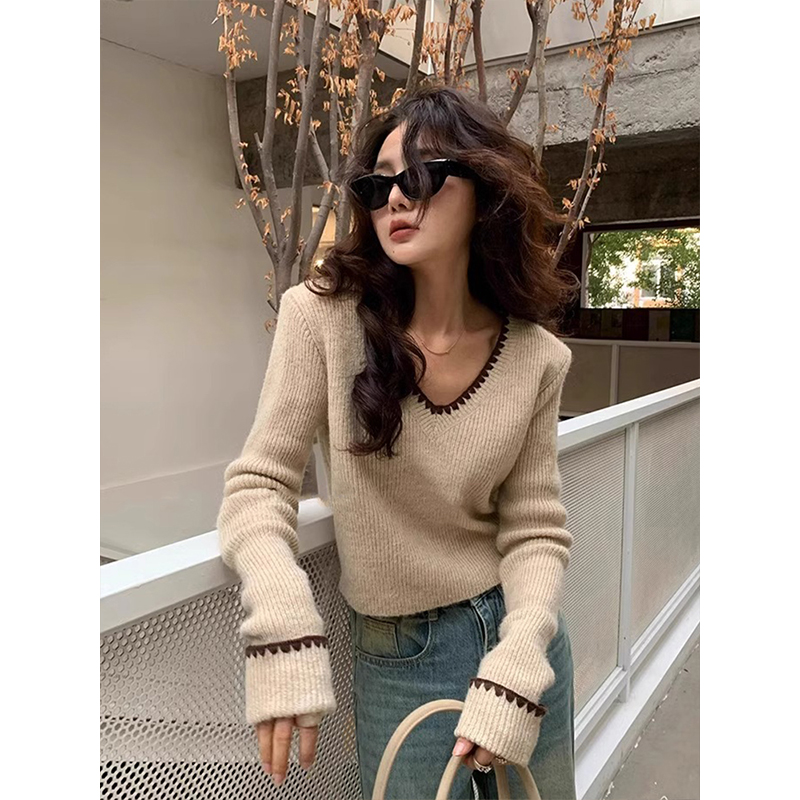 美拉德撞色V领短款毛衣针