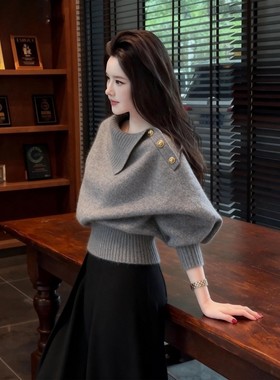 灰色围脖毛衣秋冬女可外穿内搭慵懒高级感韩系特别漂亮的掐腰上衣