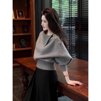 灰色围脖毛衣秋冬女可外穿内搭慵懒高级感韩系特别漂亮的掐腰上衣