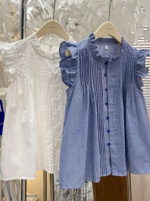 蓝格子法式衬衫女夏款短袖