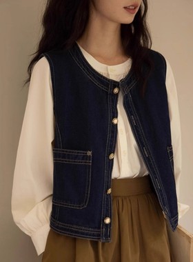 日系复古蓝色牛仔马甲女秋冬叠穿背心外搭小个子坎肩马夹无袖上衣