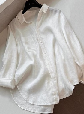 白色亚麻老钱风衬衫女夏季薄款宽松显瘦高端棉麻衬衣长袖防晒上衣