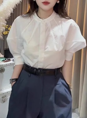 2025年夏季新款女装法式极简风白色圆领泡泡袖衬衫通勤时尚气质