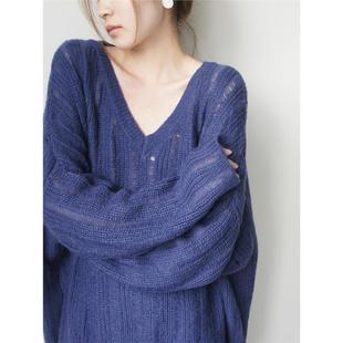 蓝紫色V领温柔镂空套头针织衫女2026春季慵懒宽松马海毛毛衣上衣