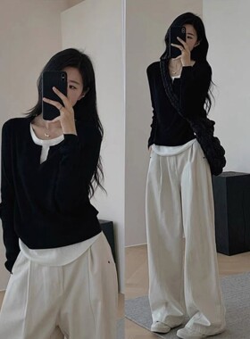 早秋chic上衣黑色假两件v领长袖t恤女2026新款内搭修身显瘦打底衫