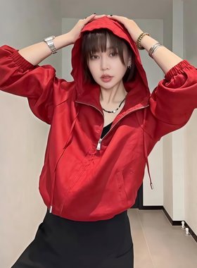 红色薄款连帽防晒衣女2026