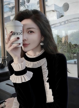 气质名媛黑色丝绒上衣女2025冬季小众设计感时髦洋气轻熟百搭衬衣