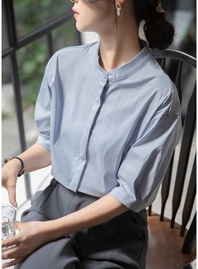 蓝色五分袖立领衬衫女夏设计感宽松中袖衬衣职业通勤面试棉质上衣