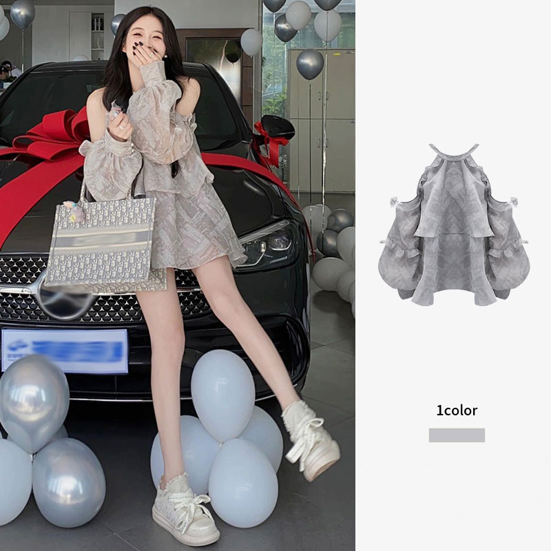 灰色衬衫挂脖甜美气质仙女