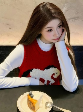 独特漂亮叠穿巨好看的保暖红色针织背心马甲女款冬季元旦穿搭上衣