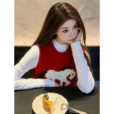 冬季保暖红色针织马甲女款叠穿