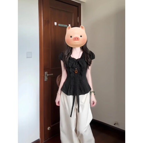 韩系波点蝴蝶结短袖衬衫女