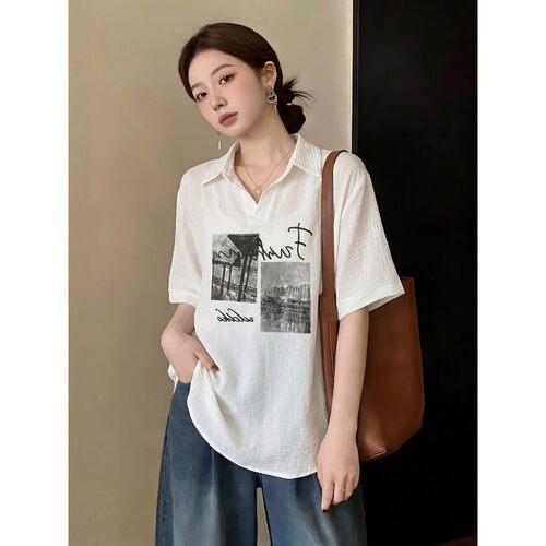 高级感V领短袖衬衫女夏季大码
