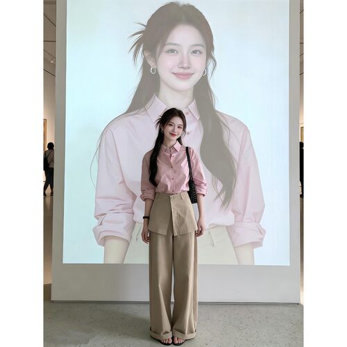 韩系通勤粉色衬衫长裤两件套女