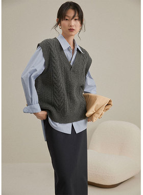 毛衣马甲背心针织女秋冬宽松慵懒风加厚V领麻花灰色叠穿外搭羊毛