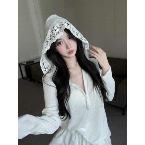 蕾丝边连帽长袖T恤女春夏防晒